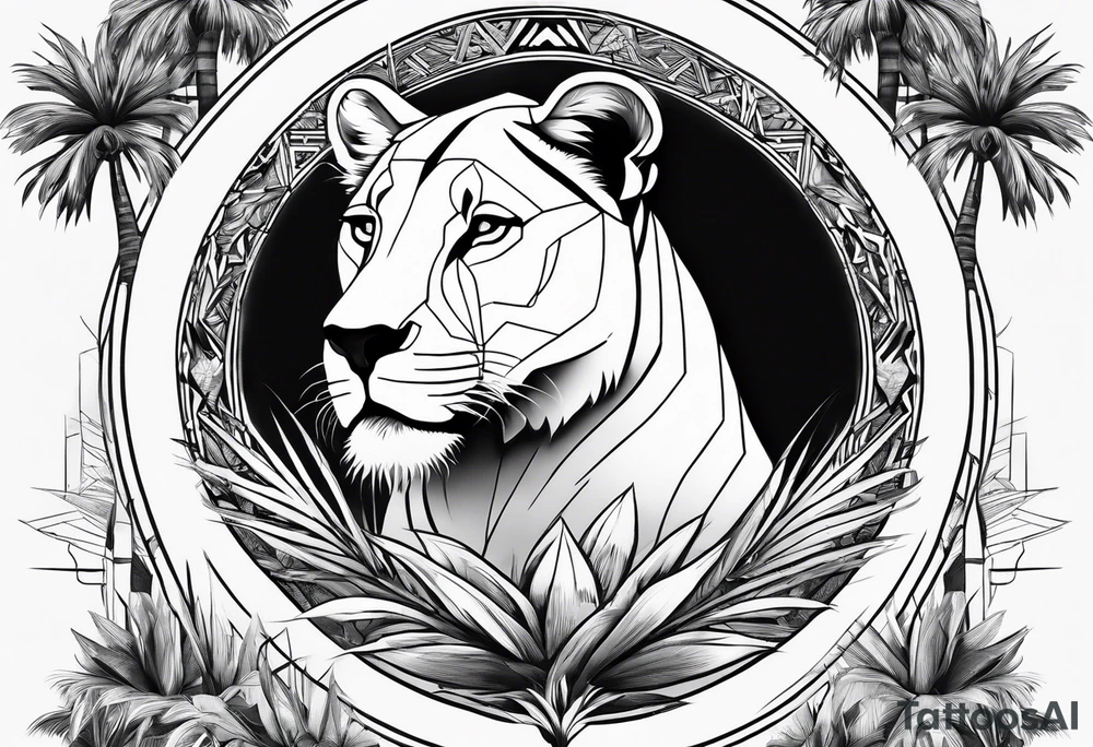 lioness and cub sun palm tree tattoo idea