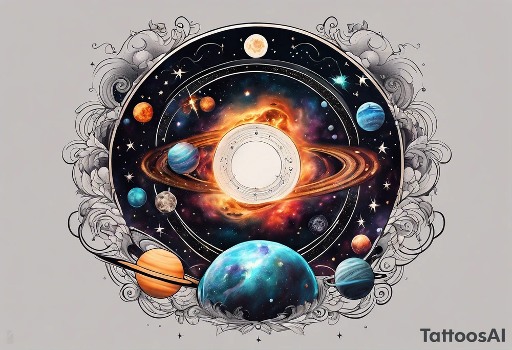 A tattoo featuring a cosmic scene with planets, black holes, and supernovae intertwined with intricate linguistic symbols, reflecting the client's interests in cosmology and linguistics. tattoo idea
