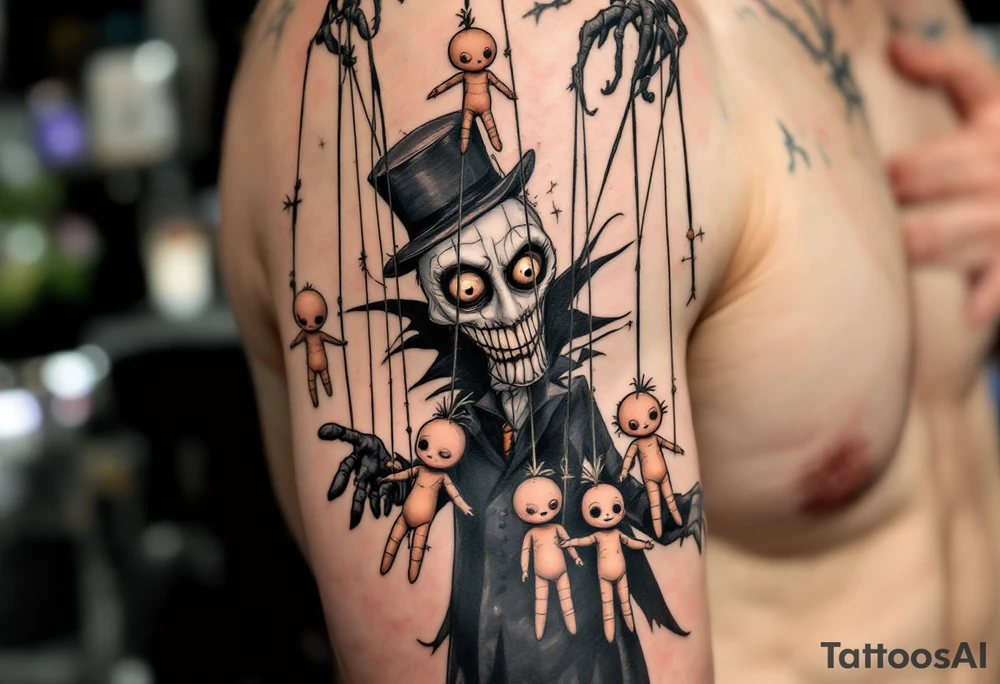 Tim Burton’s puppet master pulls tangled strings of porcelain dolls in faded peach and dusty gray. tattoo idea