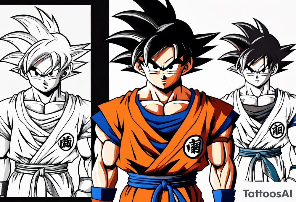 little Son-Goku in the foreground and an older version of him as a super sayin behind him tattoo idea