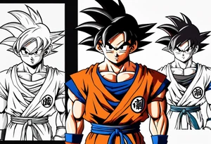 little Son-Goku in the foreground and an older version of him as a super sayin behind him tattoo idea