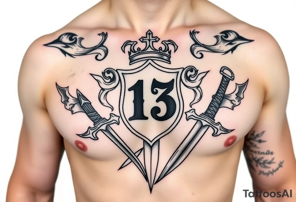 Family crest from Ireland with the Number 13, The Toledo Mudhens Baseball Team, And Demonic And Midevel dagger Featurs Made Into a full chest tattoo tattoo idea