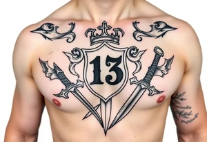 Family crest from Ireland with the Number 13, The Toledo Mudhens Baseball Team, And Demonic And Midevel dagger Featurs Made Into a full chest tattoo tattoo idea