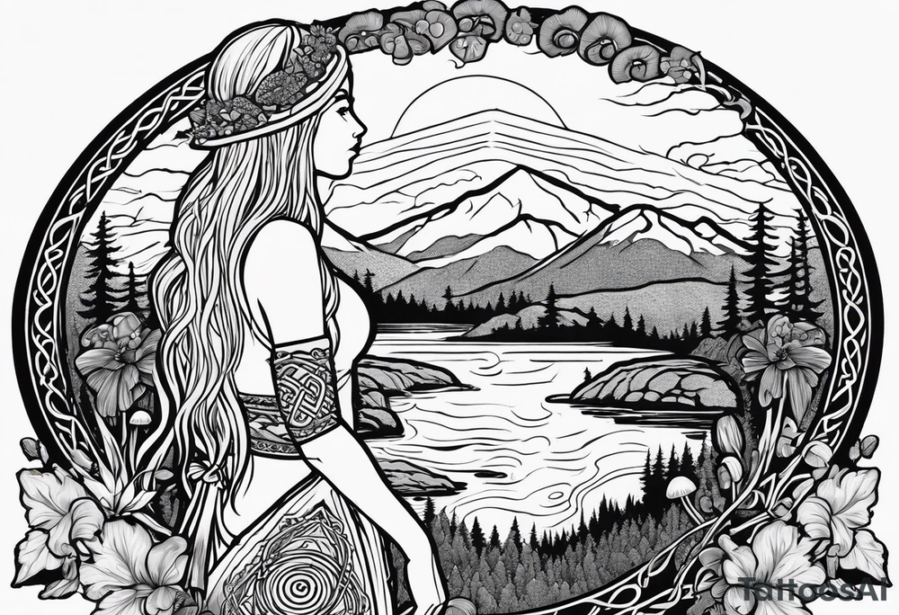 Whole picture encircled fully

Straight long blonde hair hippie girl in distance holding mushrooms in hand facing away toward mountains and creek surrounded by mushrooms long sleeve shirt and hiking pants; whole rendering within a full celtic circle border, no cut off circle tattoo idea