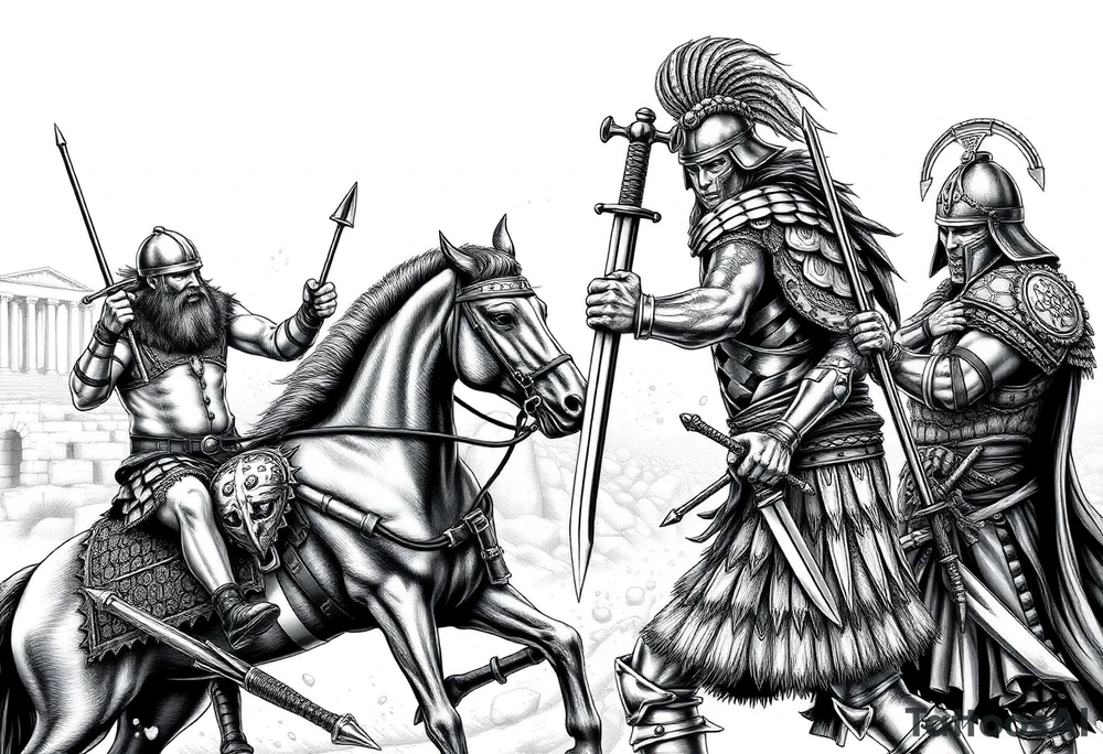 Viking vs Angus Kahn vs English knight on horse vs Roman gladiator vs Japanese samurai. Note realistic fighting and weapons against each other. Background ancient ruins of Greece behind tattoos to fill in skin area no sword down the middle tattoo idea