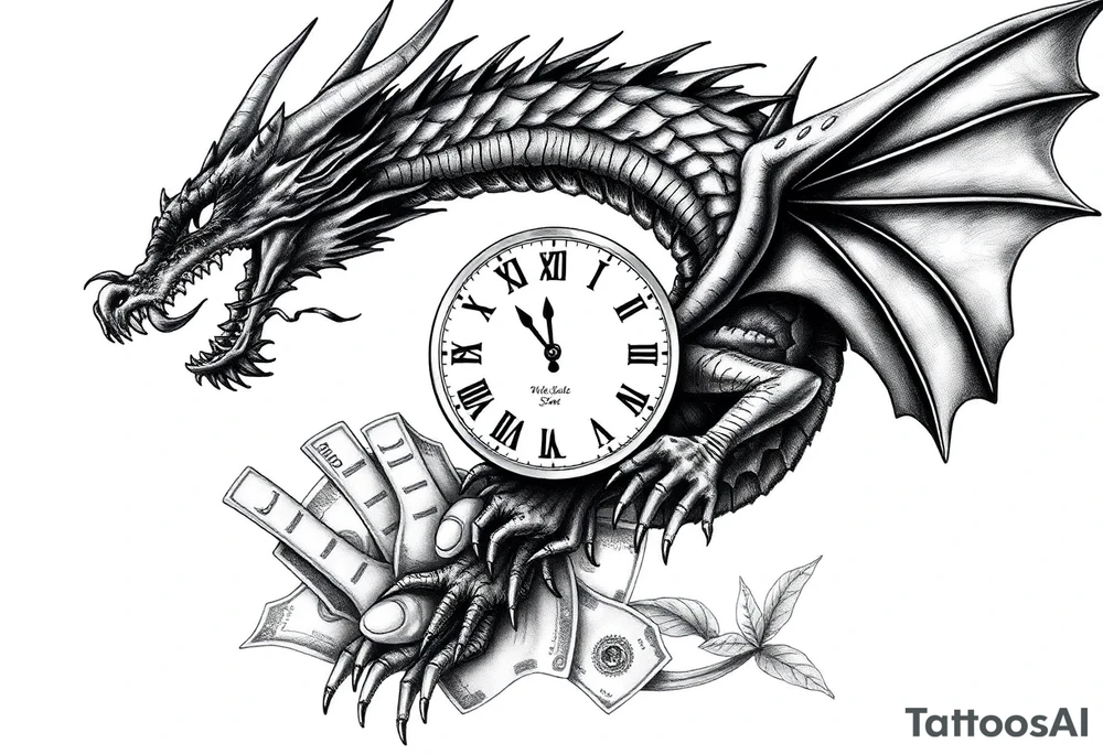 Dark dragon tattoo with clock, dollars and palms on background tattoo idea