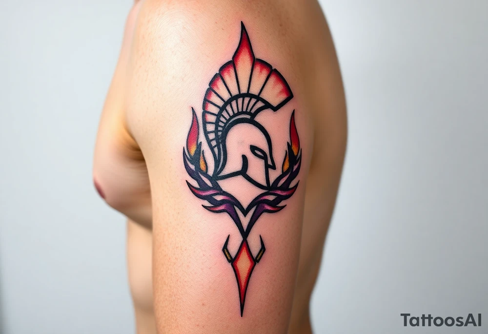 A leg sleeve merging AC and HC Sparta logos, surrounded by flames in red, orange, and violet. tattoo idea