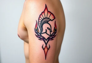 A leg sleeve merging AC and HC Sparta logos, surrounded by flames in red, orange, and violet. tattoo idea