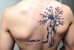 Japanese geisha with cherry blossom tree river and stone bench tattoo idea