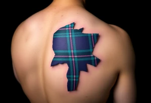 Dark Purple with green pink blue and white highlights tartan fabric on bicep with skin tearing away to reveal tartan underneath tattoo idea