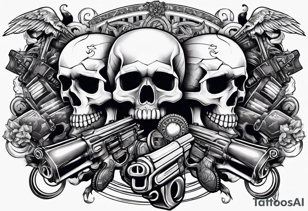skulls with motorcyles along with guns and money tattoo idea