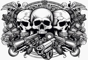 skulls with motorcyles along with guns and money tattoo idea