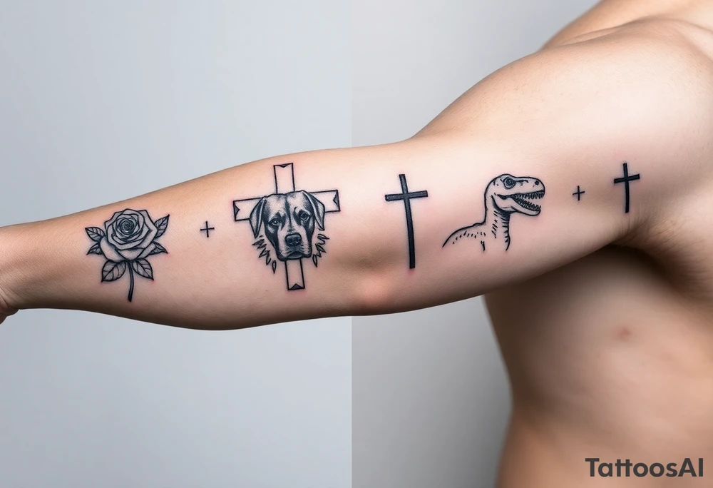 crosses with roses, bulldogs, paw print, dinosaur tattoo idea