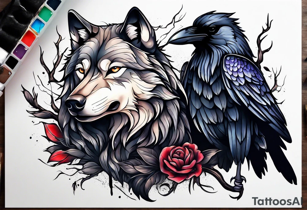 a wolf and a raven tattoo idea