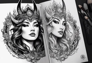 Illustrate a halo gradually fading into devilish horns, portraying the transformation from purity to darkness or the struggle between good intentions and wicked temptations. tattoo idea