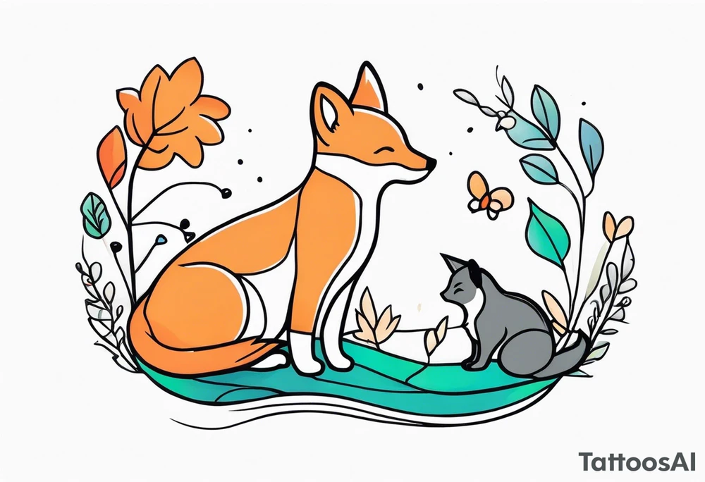 Tattoo incorporating a turtle, a fox, a koala, and a cat in one tattoo. tattoo idea