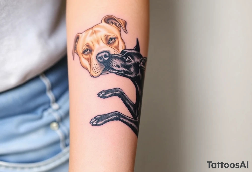 a tan pitbull and a black Australian cattle dog playing together tattoo idea