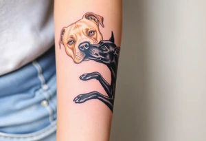 a tan pitbull and a black Australian cattle dog playing together tattoo idea