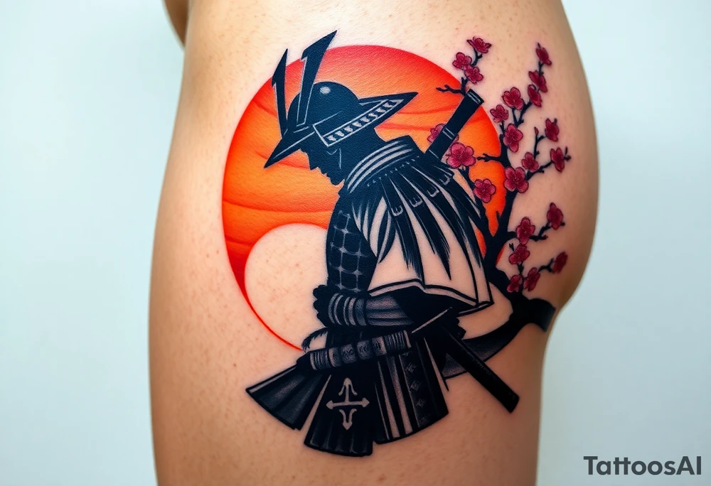 noble samurai warrior silhouette at sunset with cherry blossoms tattoo idea