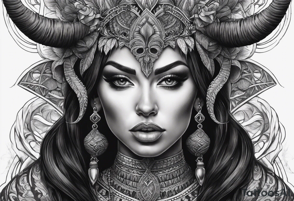 symmetrical woman head with curved horns facing downwards dark realism looking front facing view, ultra-detailed, high quality, high sharpness, hyper-realism, hyper-details, hyper-photorealistic, hyper-realistic tattoo idea