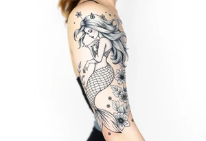 ethereal mermaid with flowing hair among coral and sea flowers tattoo idea