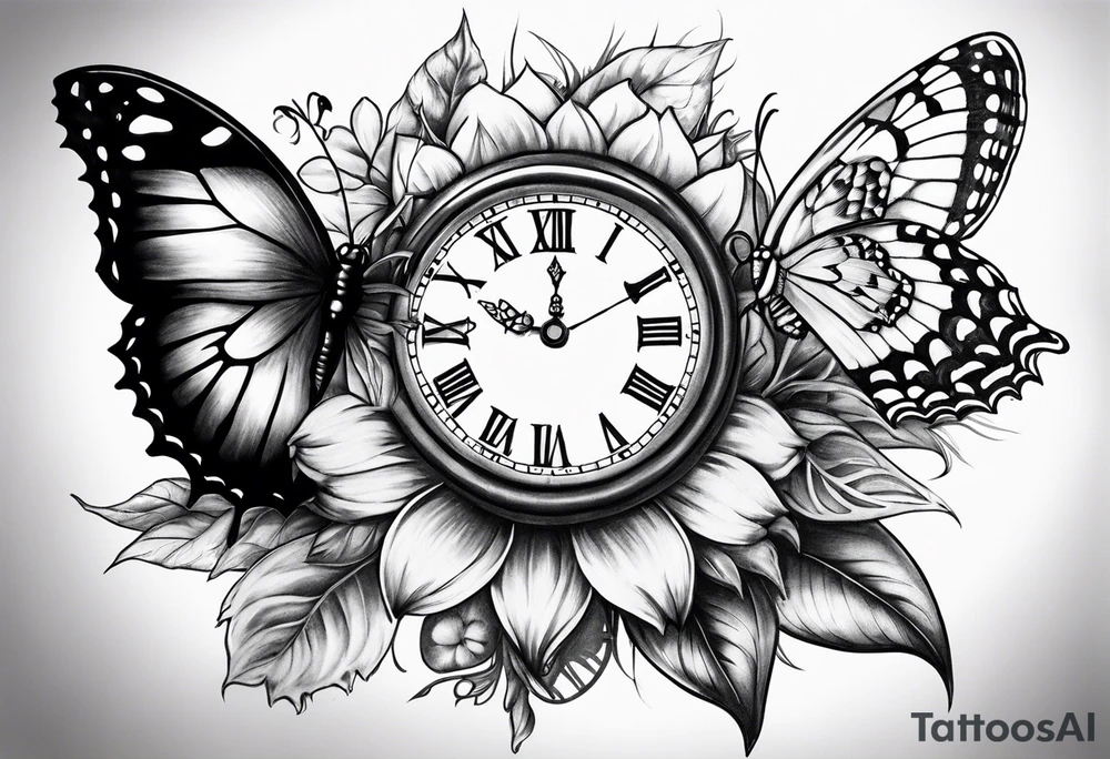 Sleeve with clock, sunflower and butterflies tattoo idea