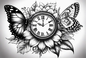 Sleeve with clock, sunflower and butterflies tattoo idea