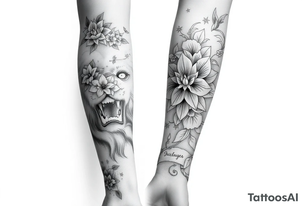 Forearm sleeve tattoo including lion clouds jasmine flower names dates covering the whole forearm tattoo idea