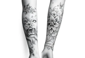 Forearm sleeve tattoo including lion clouds jasmine flower names dates covering the whole forearm tattoo idea