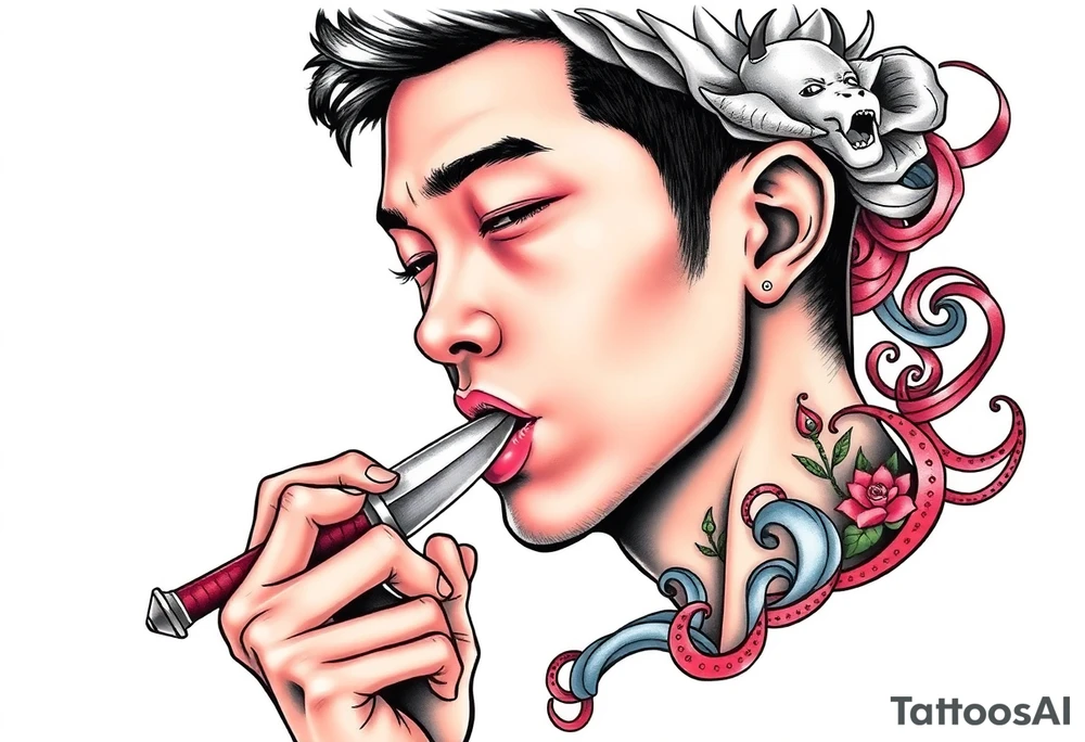 Handsome Asian young guy is licking a ritual knife tattoo idea
