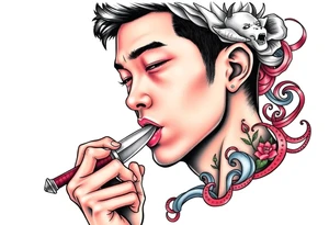 Handsome Asian young guy is licking a ritual knife tattoo idea