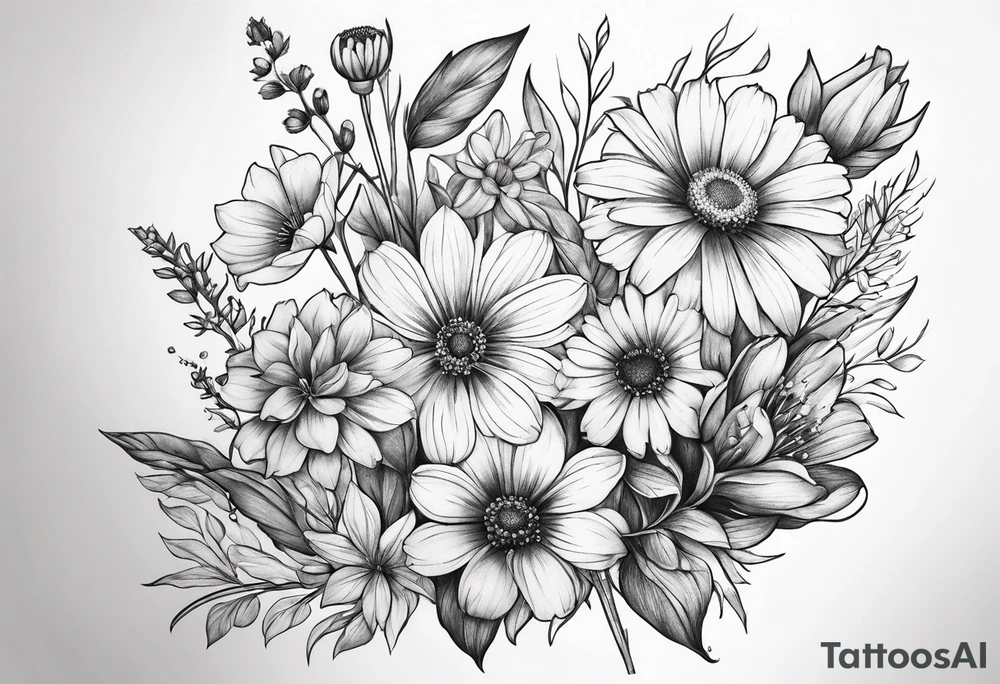 long stem wildflower bouquet tattoo idea