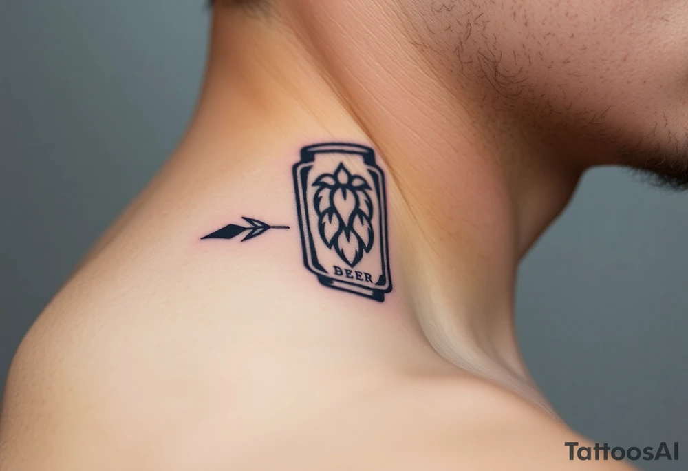 A minimalist black and gold beer can design, with vintage typography and a hop emblem, capturing a sleek and modern aesthetic tattoo idea