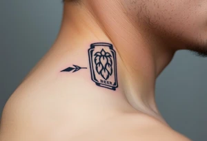 A minimalist black and gold beer can design, with vintage typography and a hop emblem, capturing a sleek and modern aesthetic tattoo idea