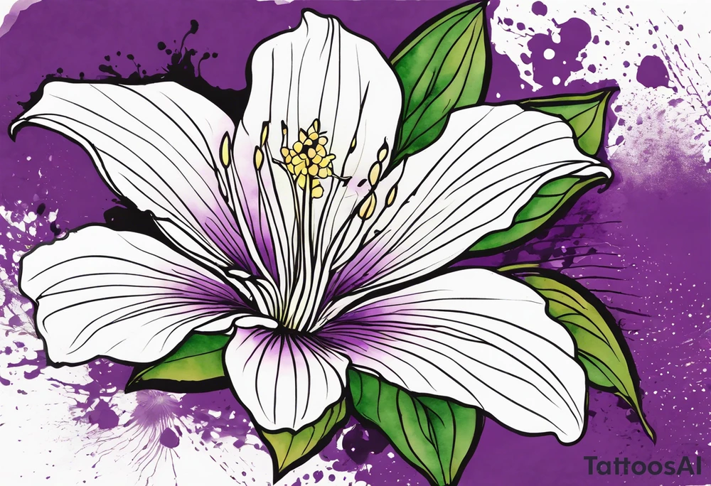 An outline of a rio dipladenia flower with a green and purple watercolor splash in the background tattoo idea