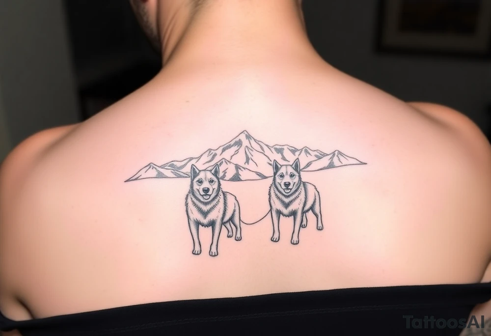 Sled dogs with northern lights and mountains tattoo idea
