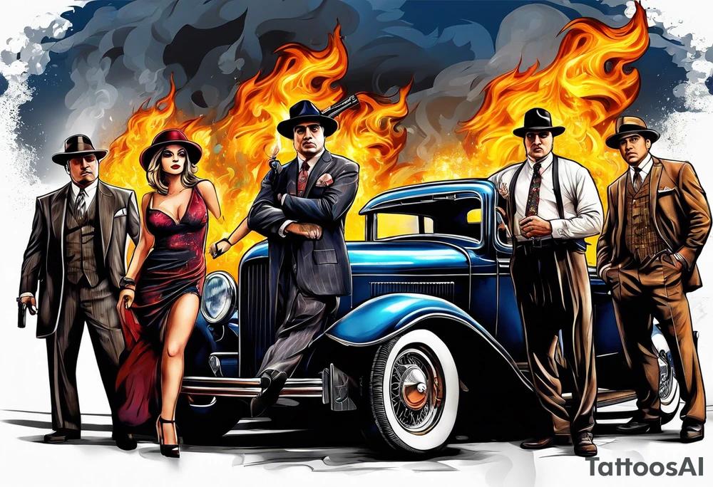 group of gangsters  with bonnie & clyde with Al Capone and machine gunns with smoke and fire and sexy females tattoo idea