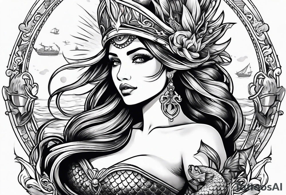 mermaid with galleon ship tattoo idea