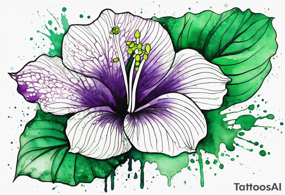 An outline of a green rio dipladenia flower and a green and purple watercolor splash in the background tattoo idea