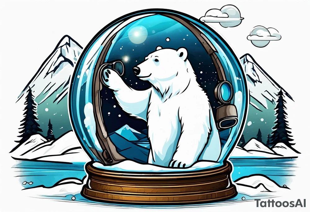 Polar bear wearing ski goggles standing in front of a mountain all inside a snow globe tattoo idea