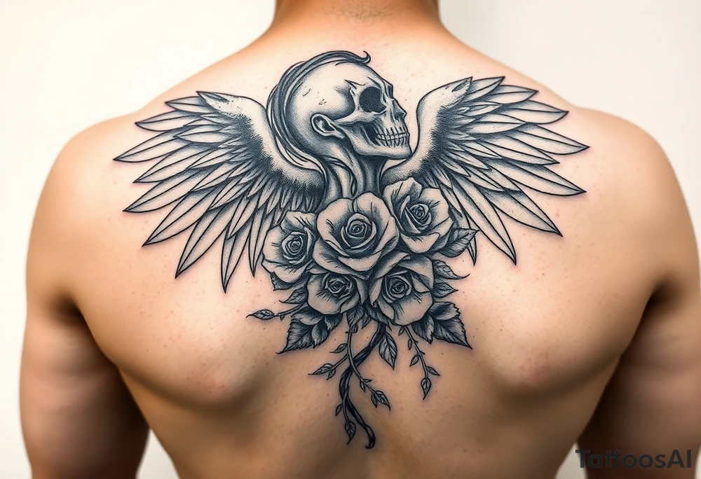 Dark fallen angel with roses tattoo idea