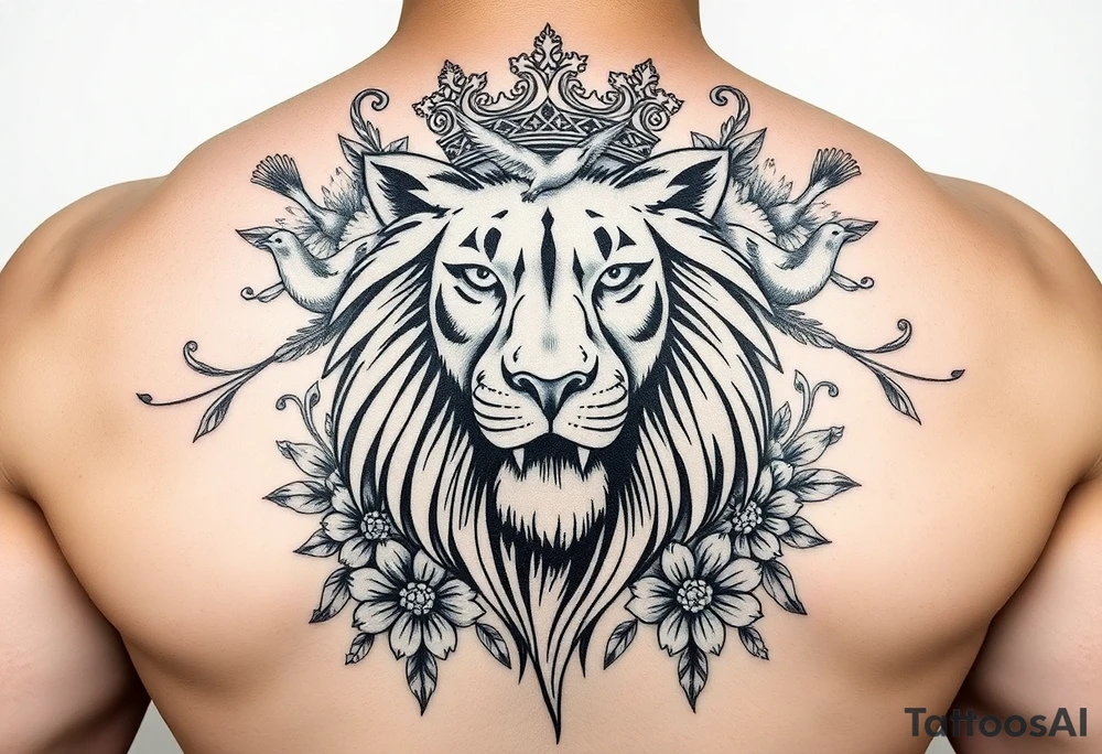 powerful majestic lion with a crown, surrounded by floral ornaments and birds tattoo idea