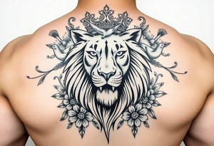 powerful majestic lion with a crown, surrounded by floral ornaments and birds tattoo idea