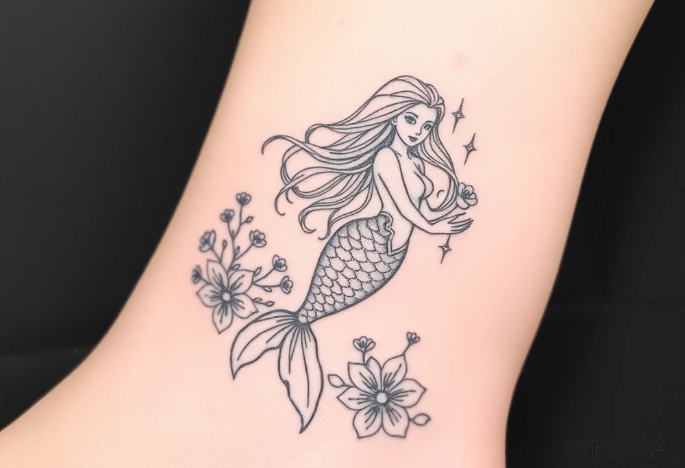 ethereal mermaid with flowing hair among coral and sea flowers tattoo idea