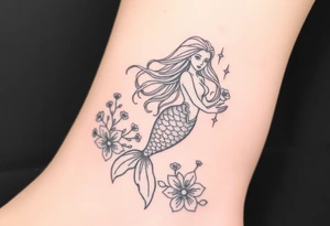 ethereal mermaid with flowing hair among coral and sea flowers tattoo idea