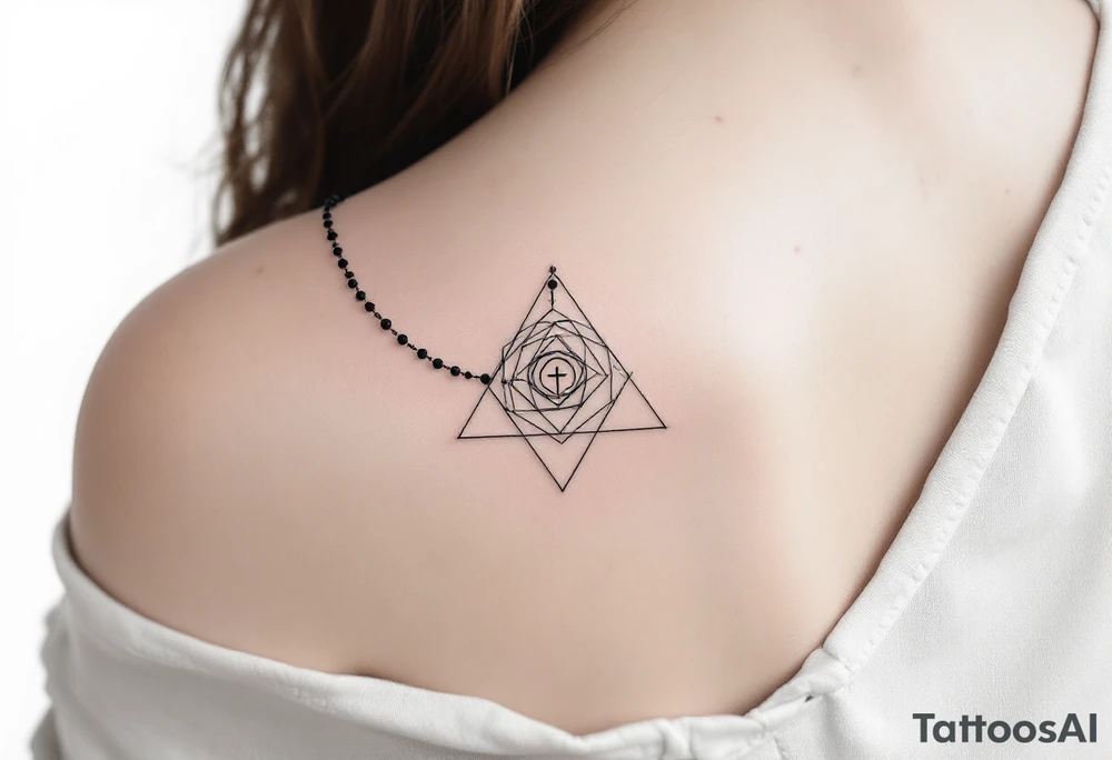 Minimalist geometric rosary tattoo: precise black‑ink circles (beads) decreasing subtly in size, linked by perfectly straight, fine lines to form clean angles rather than curves; the strand drapes in a crisp isosceles‑triangle silhouette across the forearm. Where the pendant would hang, a small concentric‑line cross sits inside a outlined golden‑ratio spiral, all rendered in thin charcoal‑black lines with a single muted‑copper accent on the cross for contrast—overall a sleek, math‑inspired aesthetic with no shading, just pure linework. tattoo idea