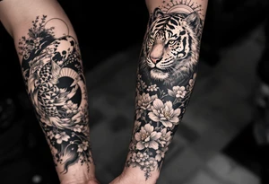 Full arm sleeve, one koi fish, one tiger, the sun, cherry blossom filler, beautiful tattoo idea