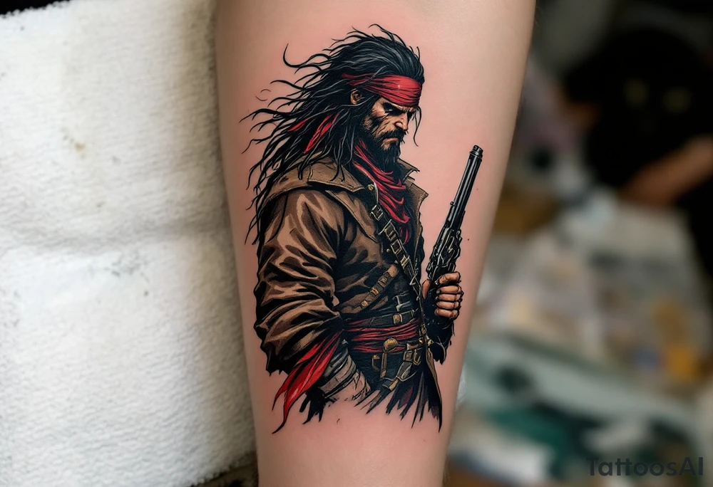 Stormborn Marauder – A fierce pirate with long, tangled black hair, wearing a deep red bandana and a brown leather coat. He holds a flintlock pistol, his scarred face half-hidden by shadows, standing before a lightning-lit sea. tattoo idea
