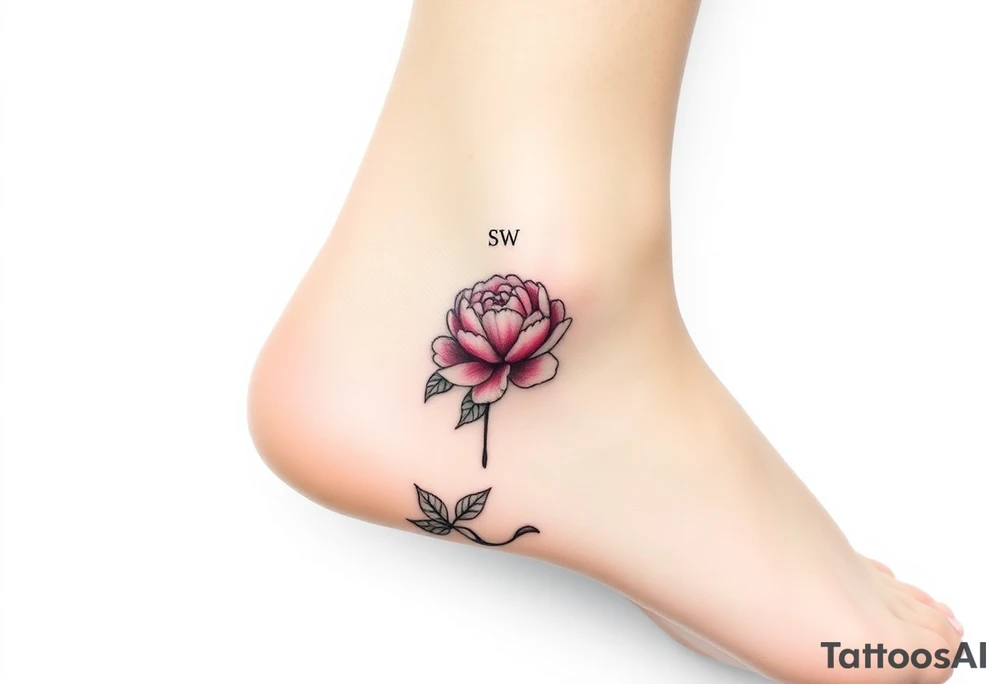 please create an ankle tattoo that is dainty.  There should be vining green leaves that wrap around the circumference of the ankle  at the ankle bone there should be 2 small pink peonies.   the initials SW should be above and at an angle of the peonies and the initials DD should be below and at an angle. tattoo idea