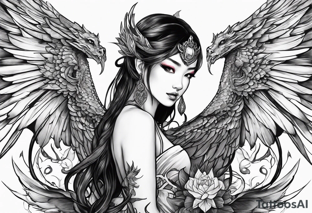 beautiful warrior nymph with large wings coming out of her back and a dragon friend tattoo idea